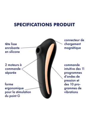 2 en 1 Stimulateur de clitoris et vibromasseur connecté USB noir Dual Kiss Satisfyer - CC597797